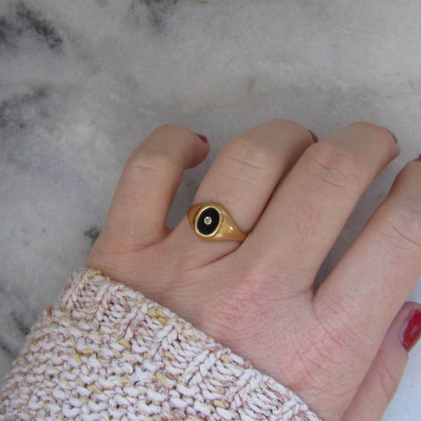 Vintage French Art Deco Onyx and Diamond Ring c. 1930