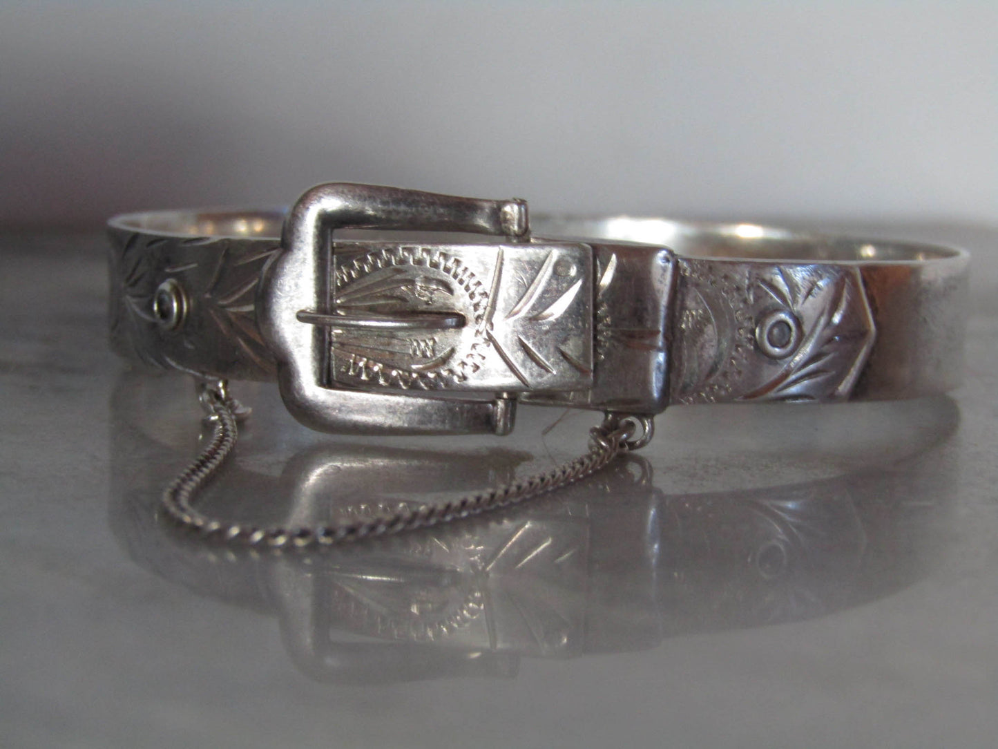 Vintage Sterling Silver Victorian Style Buckle Bracelet of English Origin c. 1971