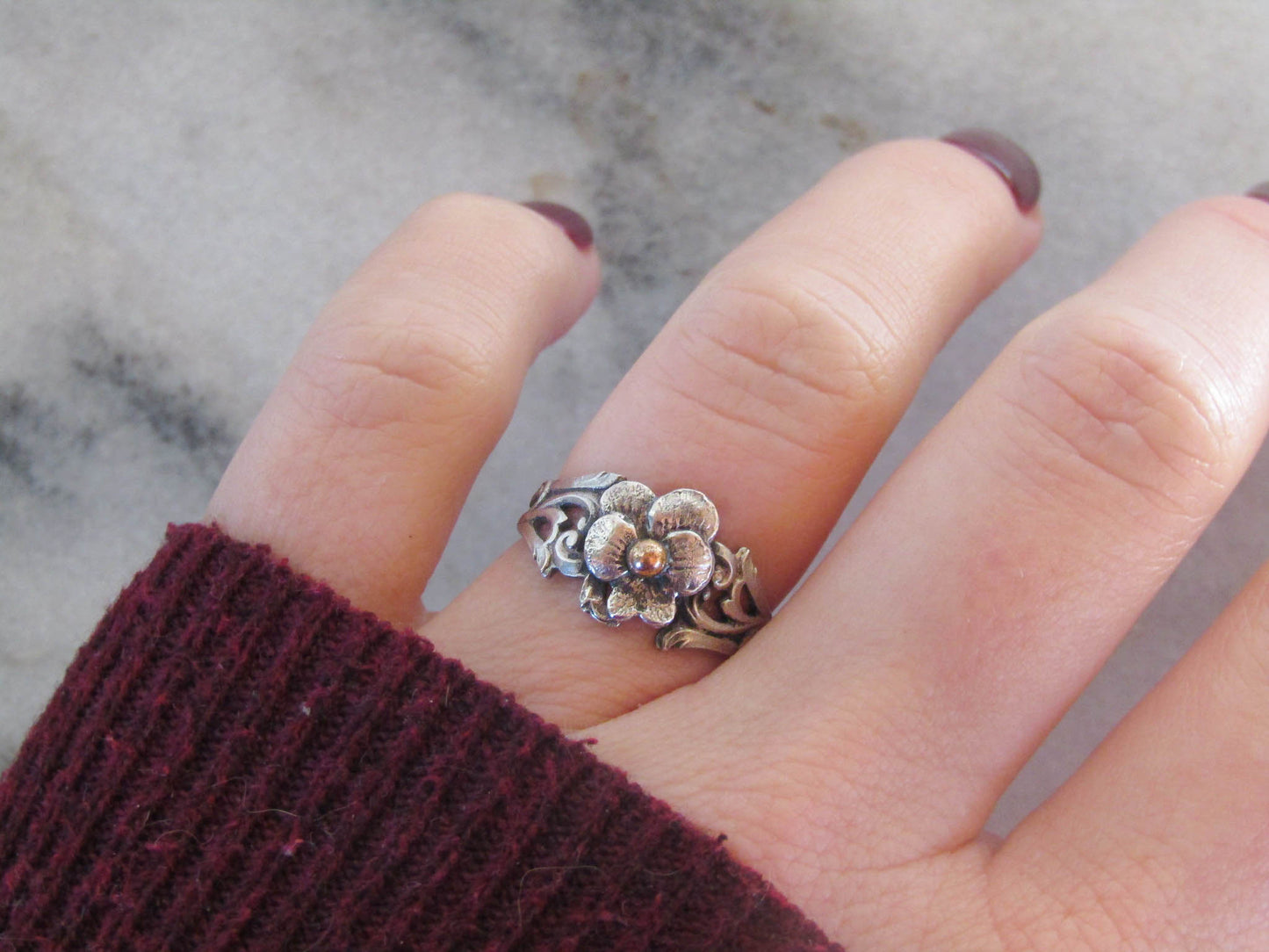 Antique French Silver Art Nouveau Dead Stock Pansy Romantic Ring c. 1900