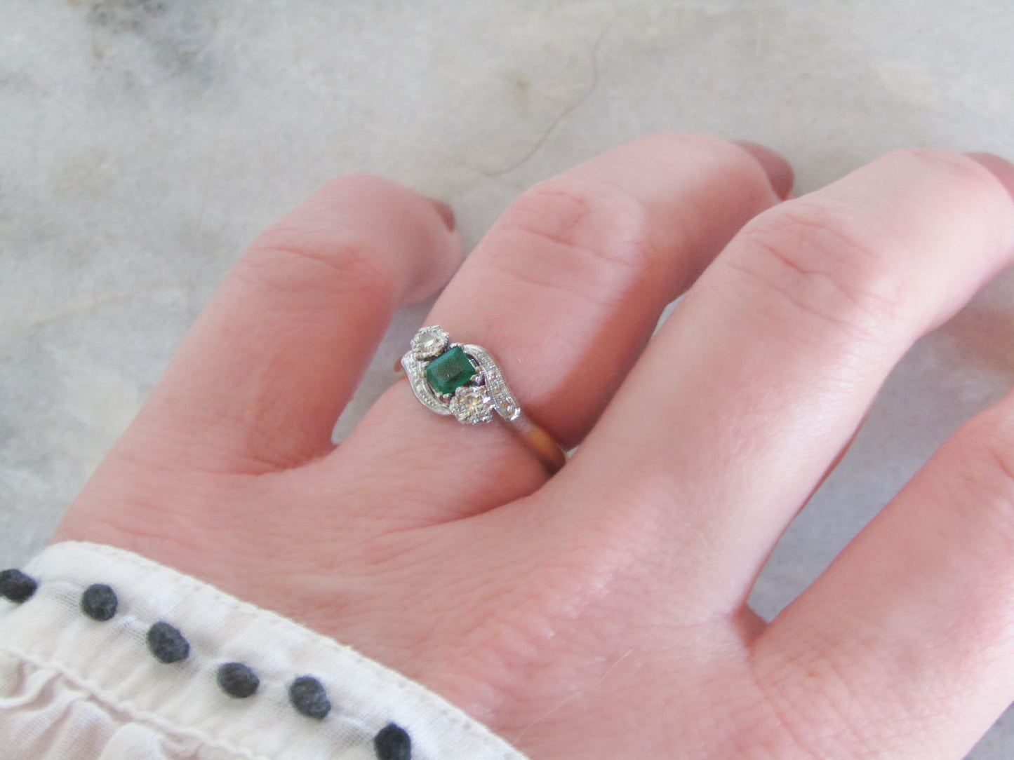 Antique 18K Gold Emerald Diamond "Toi et Moi" Ring, Belle Epoque Platinum Setting