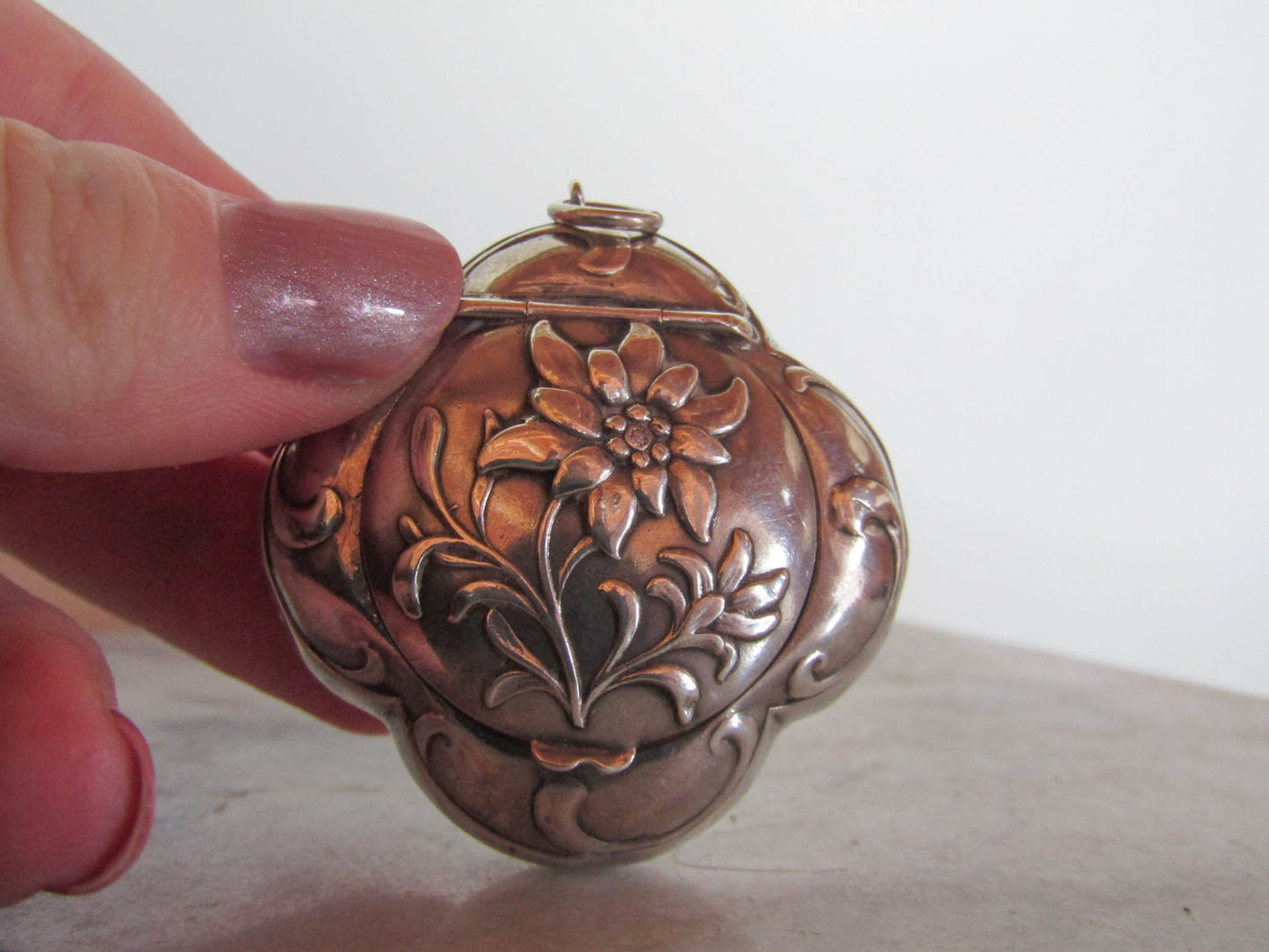 Antique Silver Art Nouveau Edelweiss French Power Box Pendant