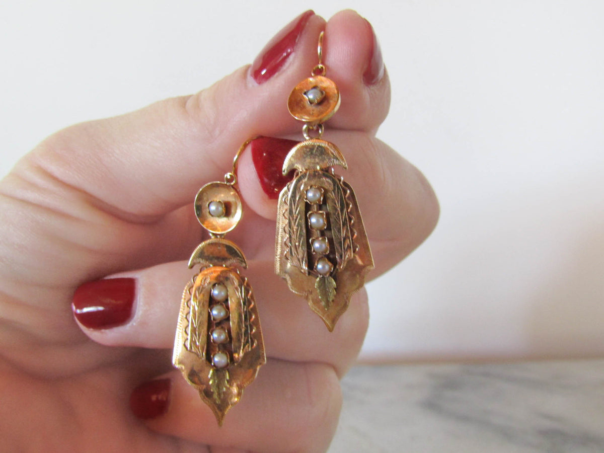 Vintage 19K Solid Gold Day and Night Sleeper Drop Earrings