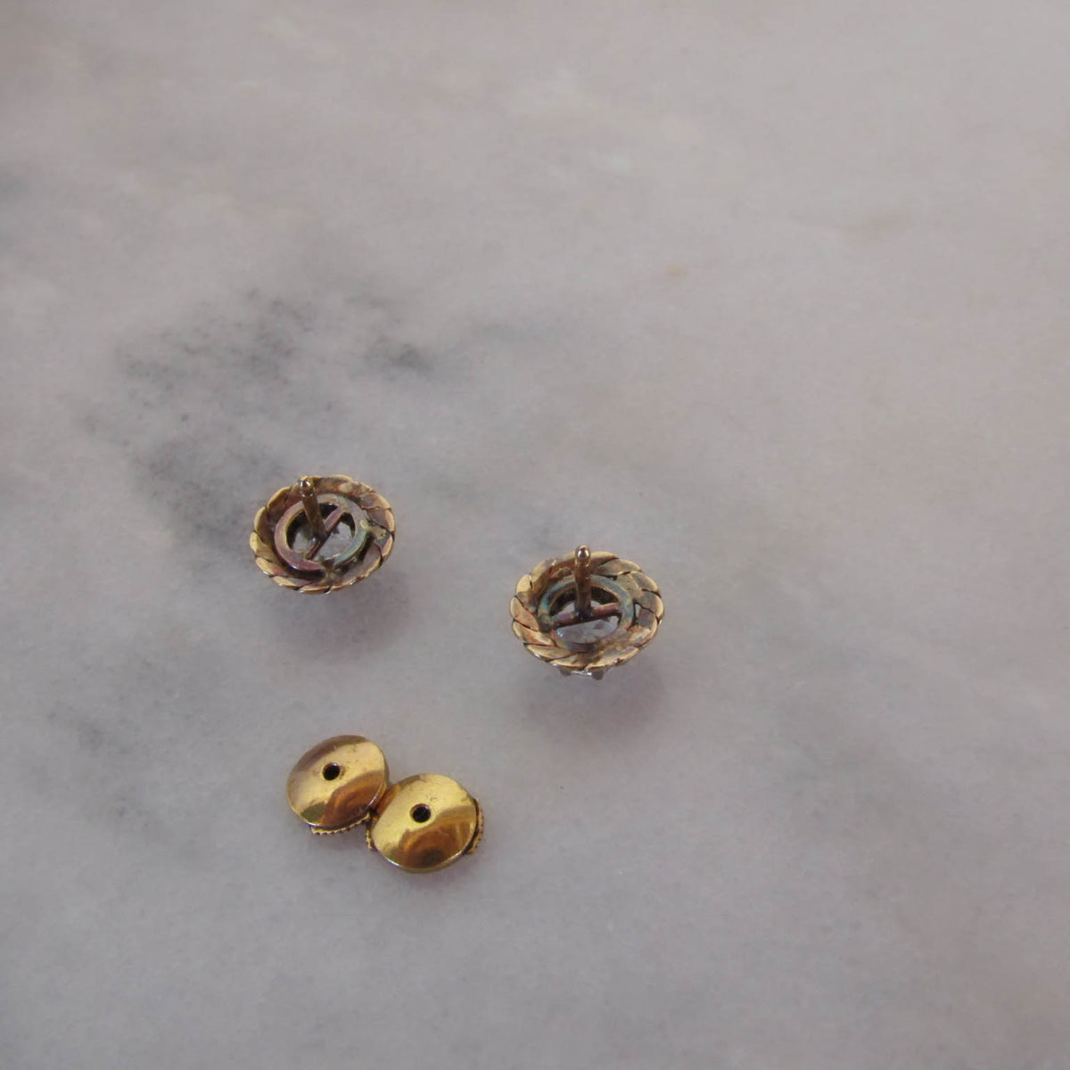 Vintage 18k Solid Gold White Sapphire Art Deco Stud Earrings