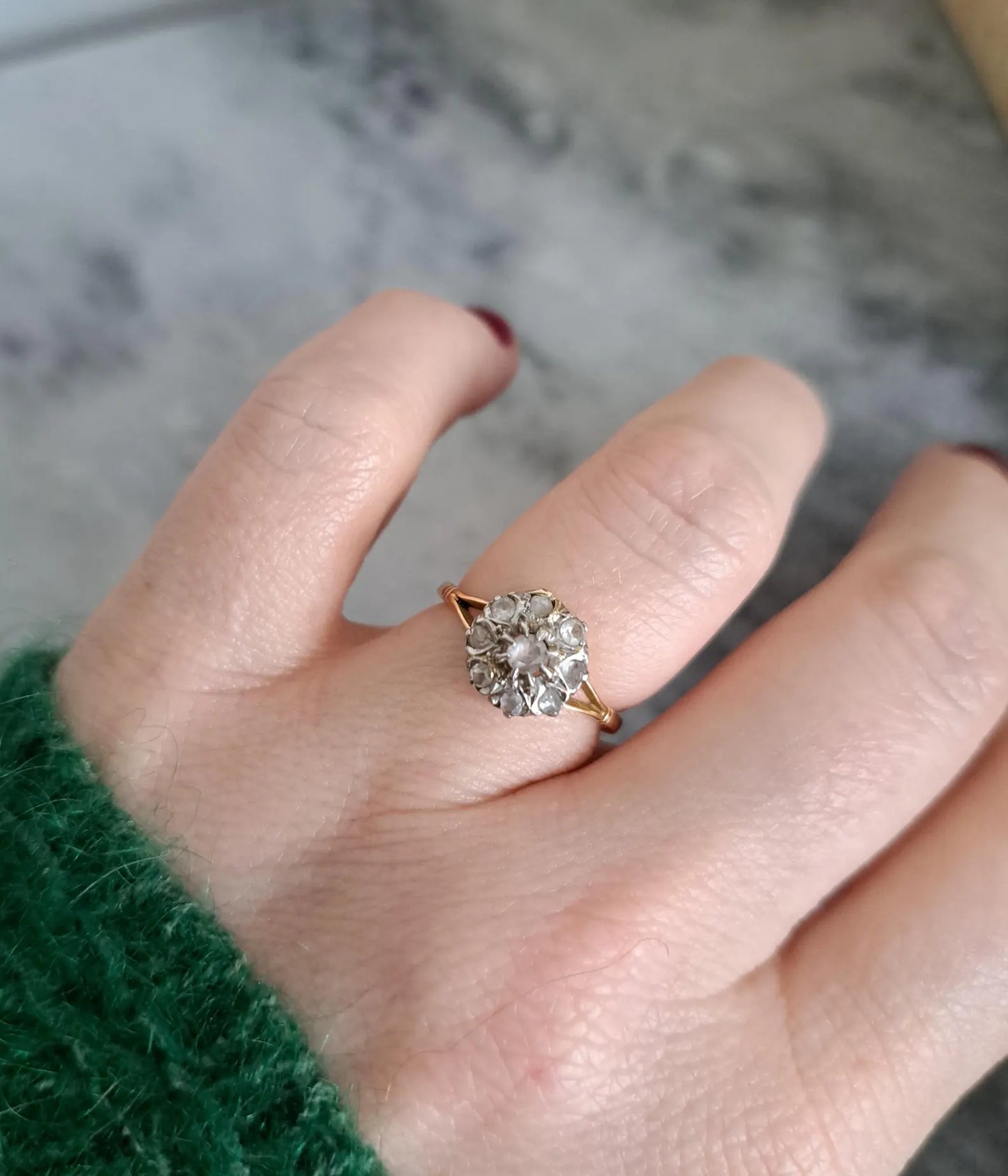 Antique Rose Cut Diamond Daisy Cluster Ring, Edwardian 18K Gold and Platinum Ring c. 1900