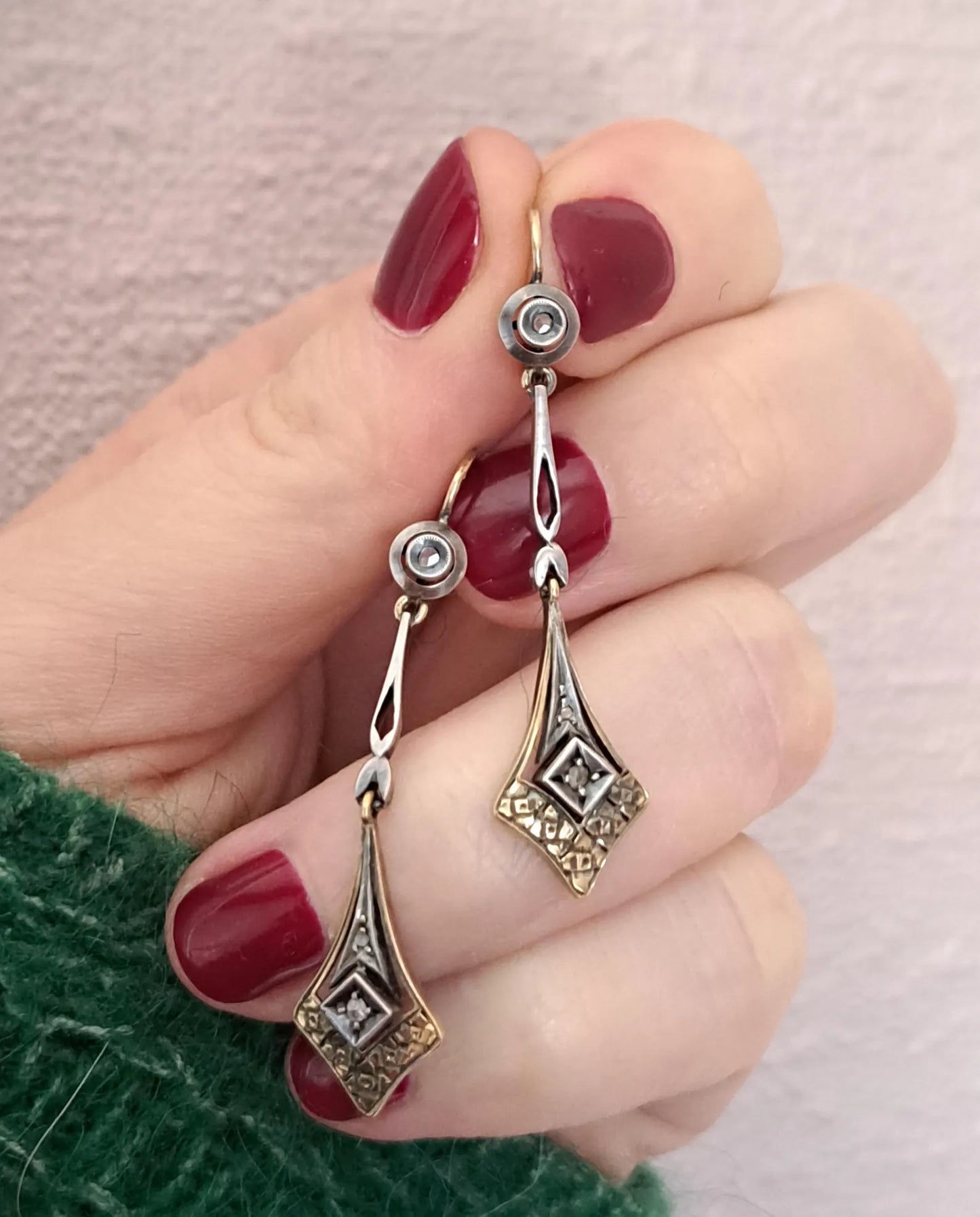 18K Gold and Rose Cut Diamond Art Deco Drop Earrings, Antique Italian Bridal Earrings,