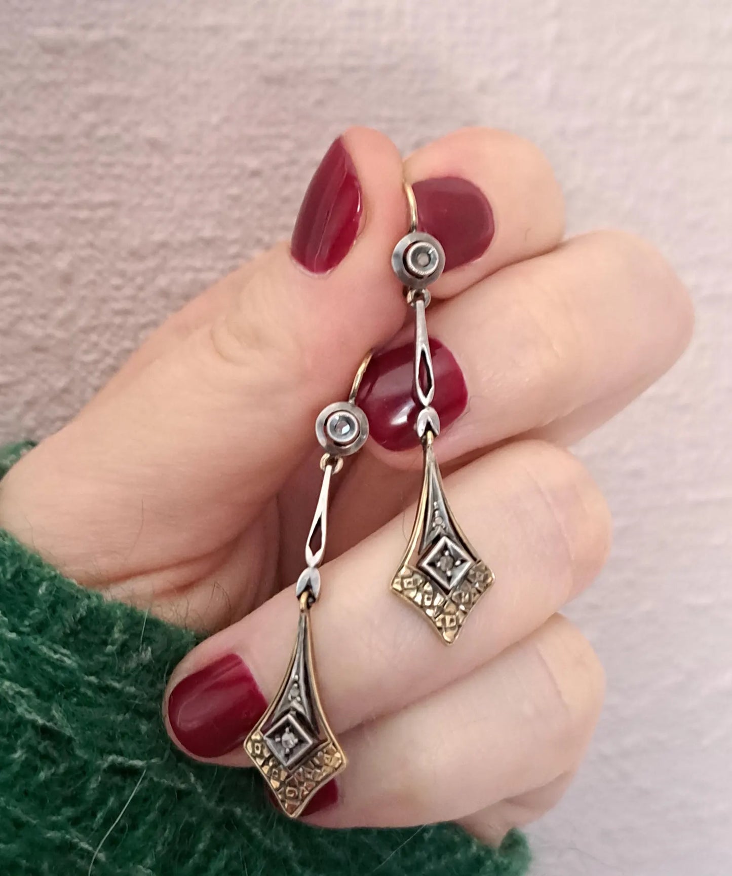 18K Gold and Rose Cut Diamond Art Deco Drop Earrings, Antique Italian Bridal Earrings,