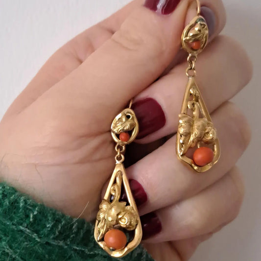 Antique Coral 18K Solid Gold Day and Night Dangle Earrings, French Victorian Belle Epoque Drop Earrings c. 1880