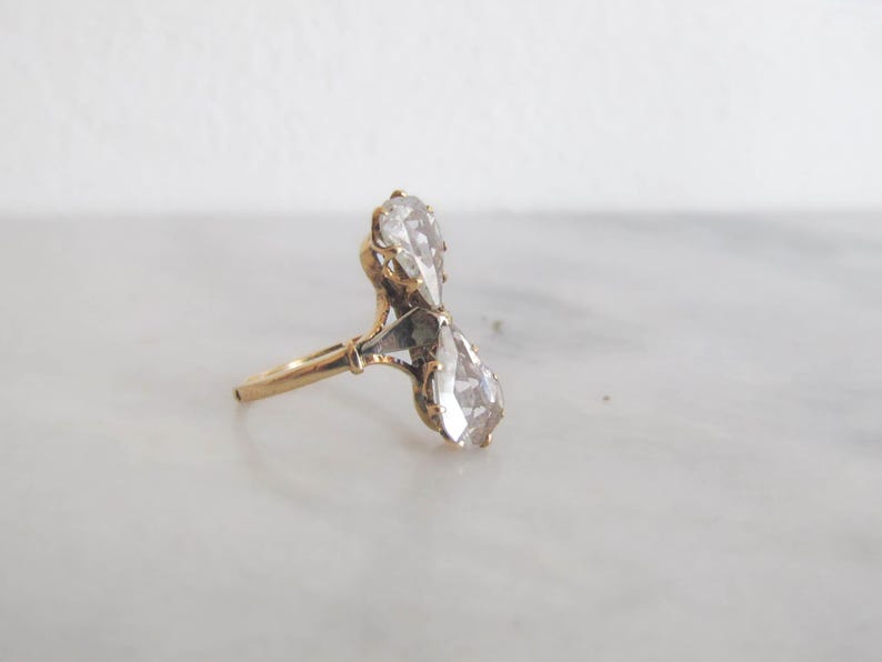 Rose Cut Diamond Toi & Moi Engagement Ring, French 18K Gold Statement ring with Pear Shaped Rose Cut Diamonds