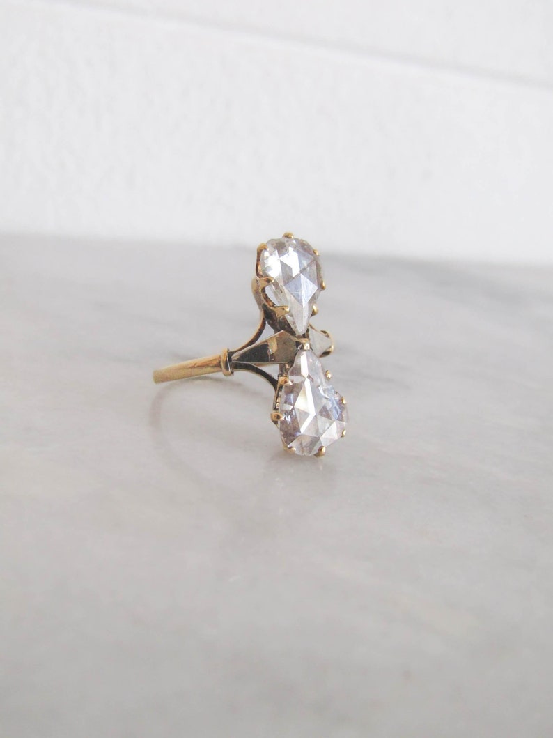 Rose Cut Diamond Toi & Moi Engagement Ring, French 18K Gold Statement ring with Pear Shaped Rose Cut Diamonds