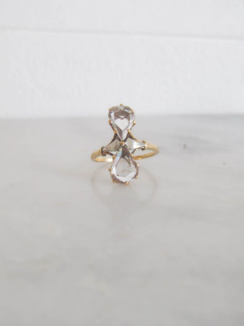 Rose Cut Diamond Toi & Moi Engagement Ring, French 18K Gold Statement ring with Pear Shaped Rose Cut Diamonds