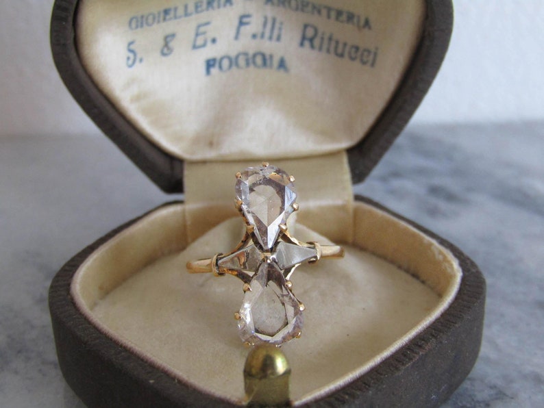 Rose Cut Diamond Toi & Moi Engagement Ring, French 18K Gold Statement ring with Pear Shaped Rose Cut Diamonds