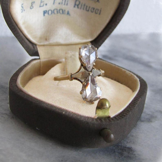 Rose Cut Diamond Toi & Moi Engagement Ring, French 18K Gold Statement ring with Pear Shaped Rose Cut Diamonds