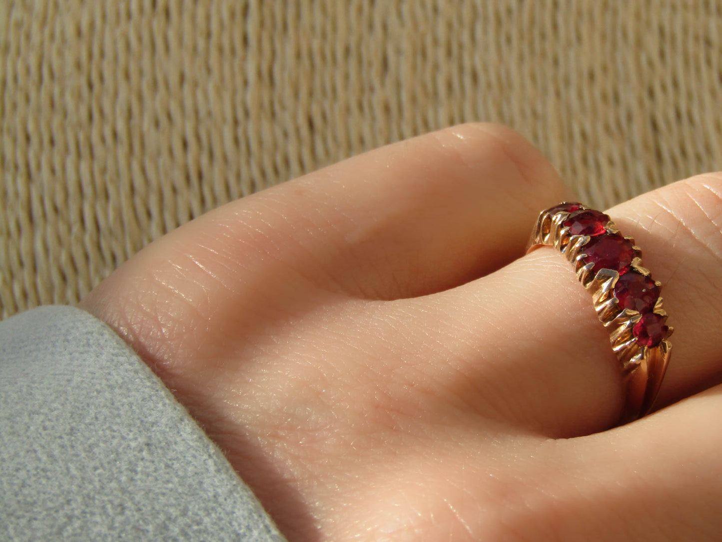 Antique Victorian Garnet 18k Gold 5 Stone Half Hoop, Romantic Gift