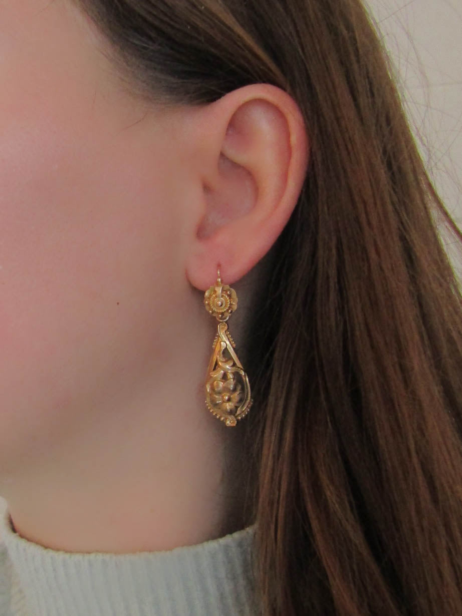 Victorian 18K Gold Day & Night Drop Earrings, 3 in 1 French Earrings circa 1860, Something Old, Bridal Earrings