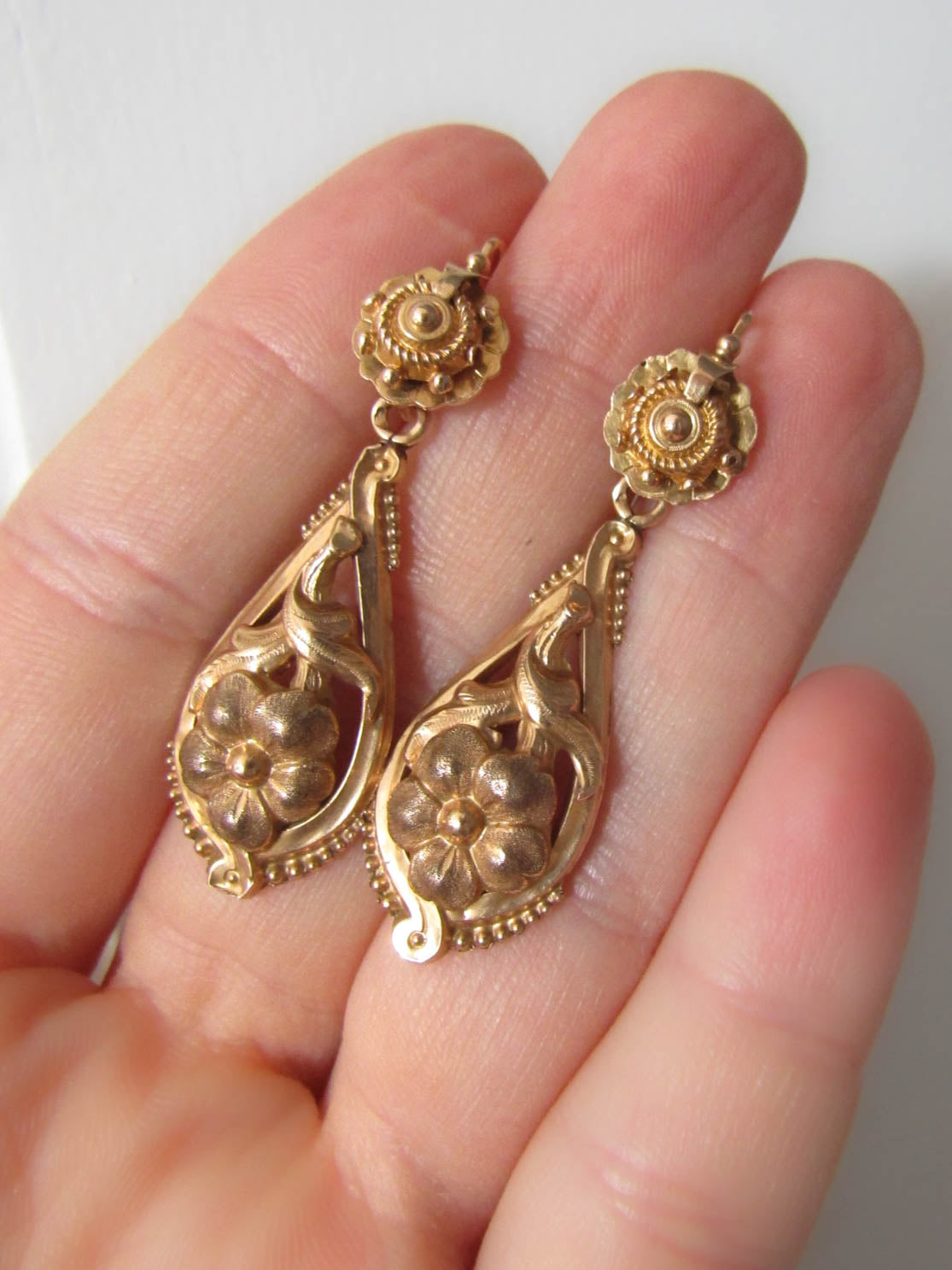 Victorian 18K Gold Day & Night Drop Earrings, 3 in 1 French Earrings circa 1860, Something Old, Bridal Earrings