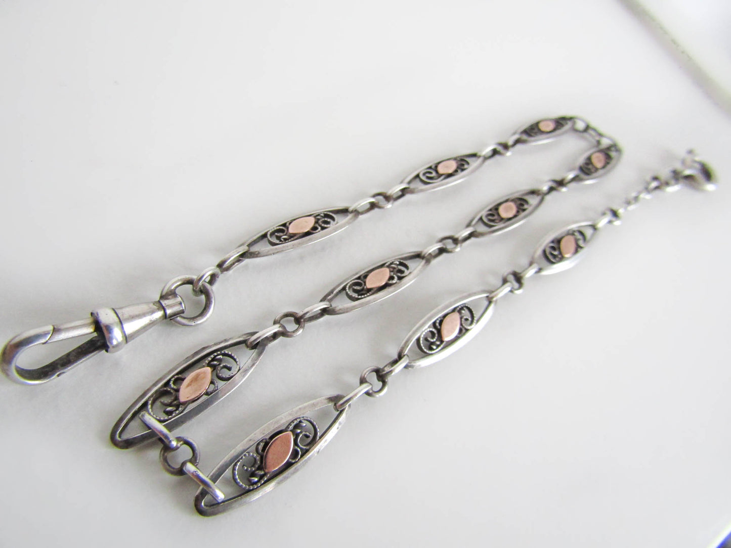 Silver Filigree Watch Chain with Gold Fill, Antique French Silver Chain