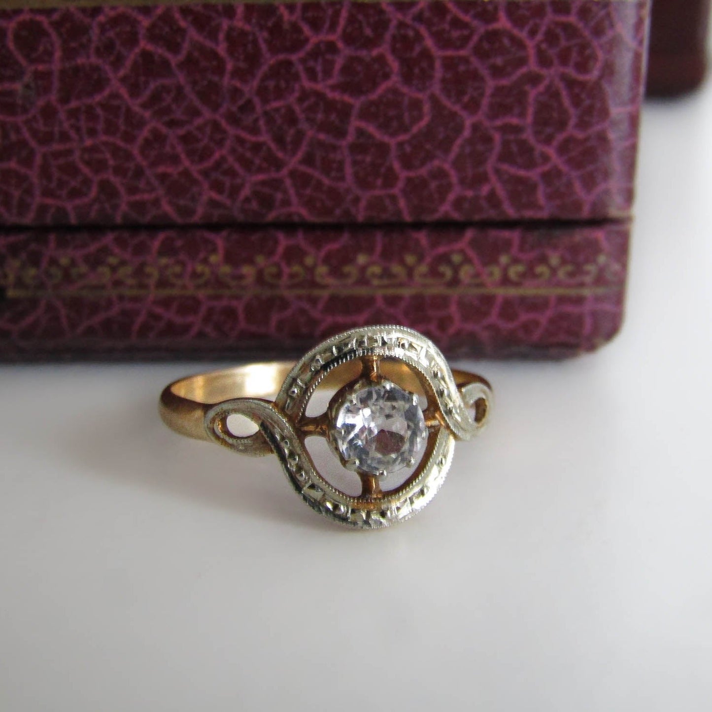 Antique 18k Art Deco White Sapphire Ring, White and Yellow Gold Engagement Ring c. 1920