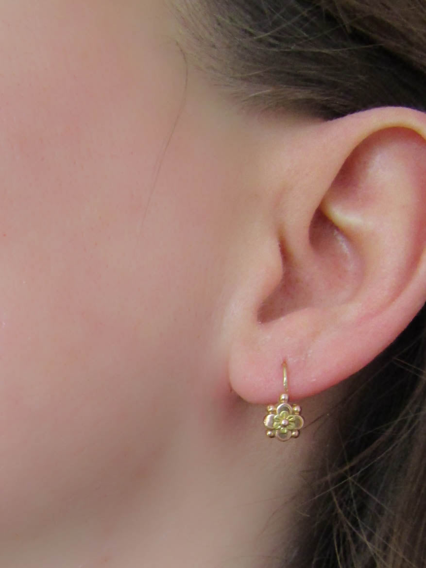 18K Gold Victorian Sleeper Drop Earrings, Antique French Floral Dangle Earrings
