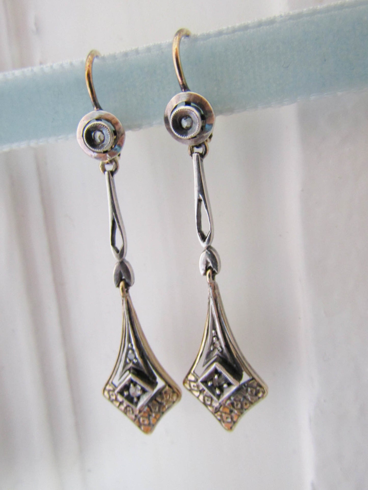 18K Gold and Rose Cut Diamond Art Deco Drop Earrings, Antique Italian Bridal Earrings,