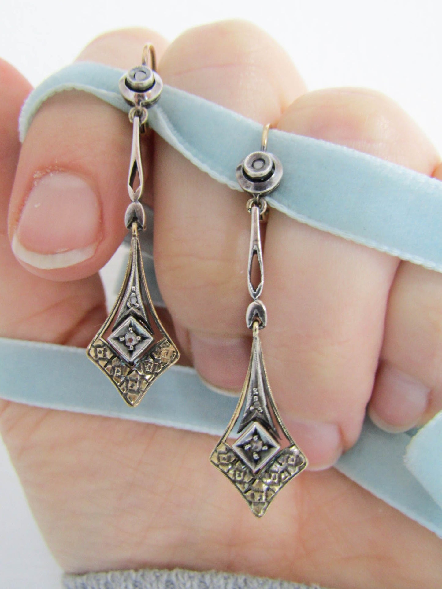 18K Gold and Rose Cut Diamond Art Deco Drop Earrings, Antique Italian Bridal Earrings,