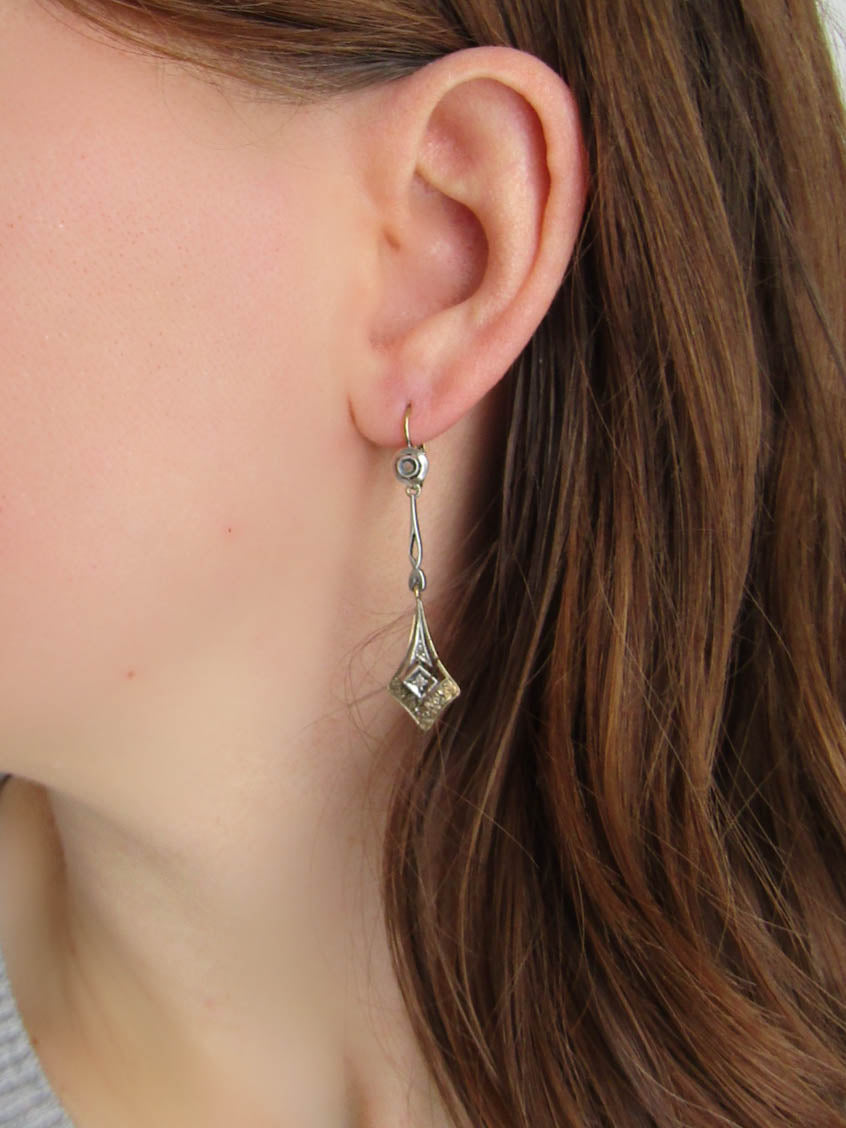 18K Gold and Rose Cut Diamond Art Deco Drop Earrings, Antique Italian Bridal Earrings,