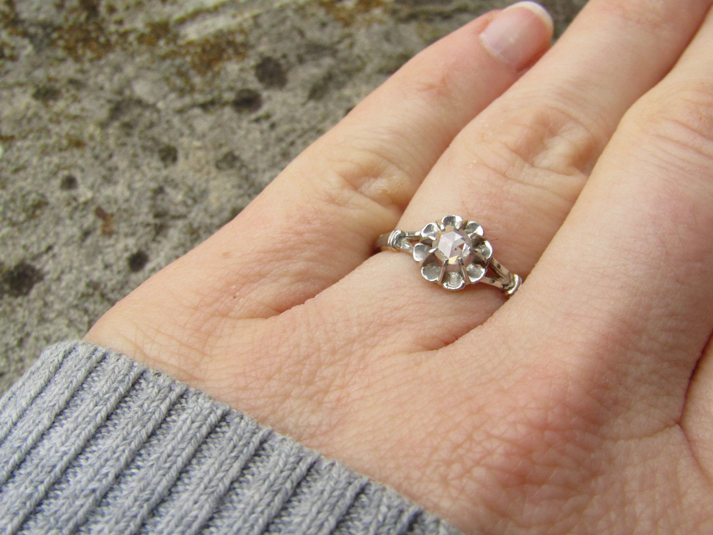 18k Rose Cut Diamond Solitaire Engagement Ring, Antique French Bi-Color Ring c. 1910