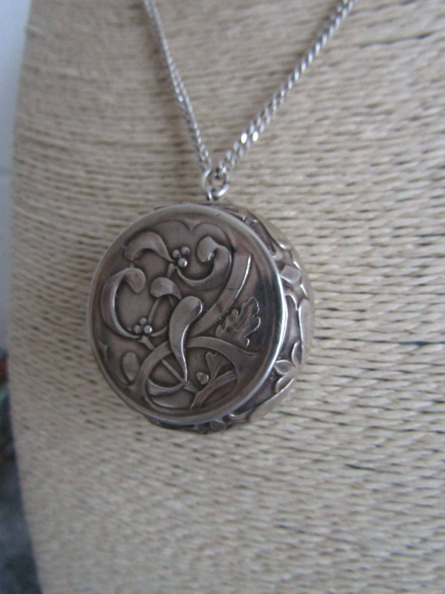 Antique Silver Powder Box Pendant, Vintage French Silver Mistletoe Art Nouveau Locket