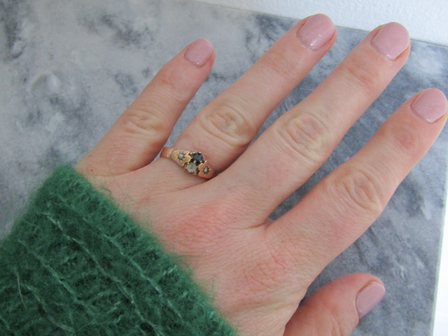 Antique Gold Filled Victorian Ring, XIX Ring with Sapphire and Diamond Paste Stones