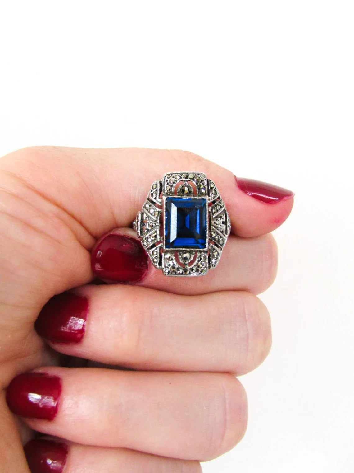Art Deco Statement Silver Ring with Large Blue Stone and Marcasites, Antique French Cocktail Ring