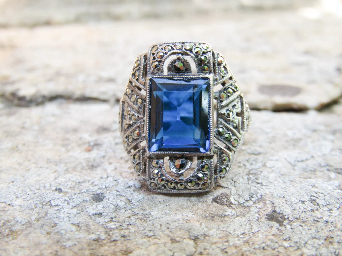 Art Deco Statement Silver Ring with Large Blue Stone and Marcasites, Antique French Cocktail Ring