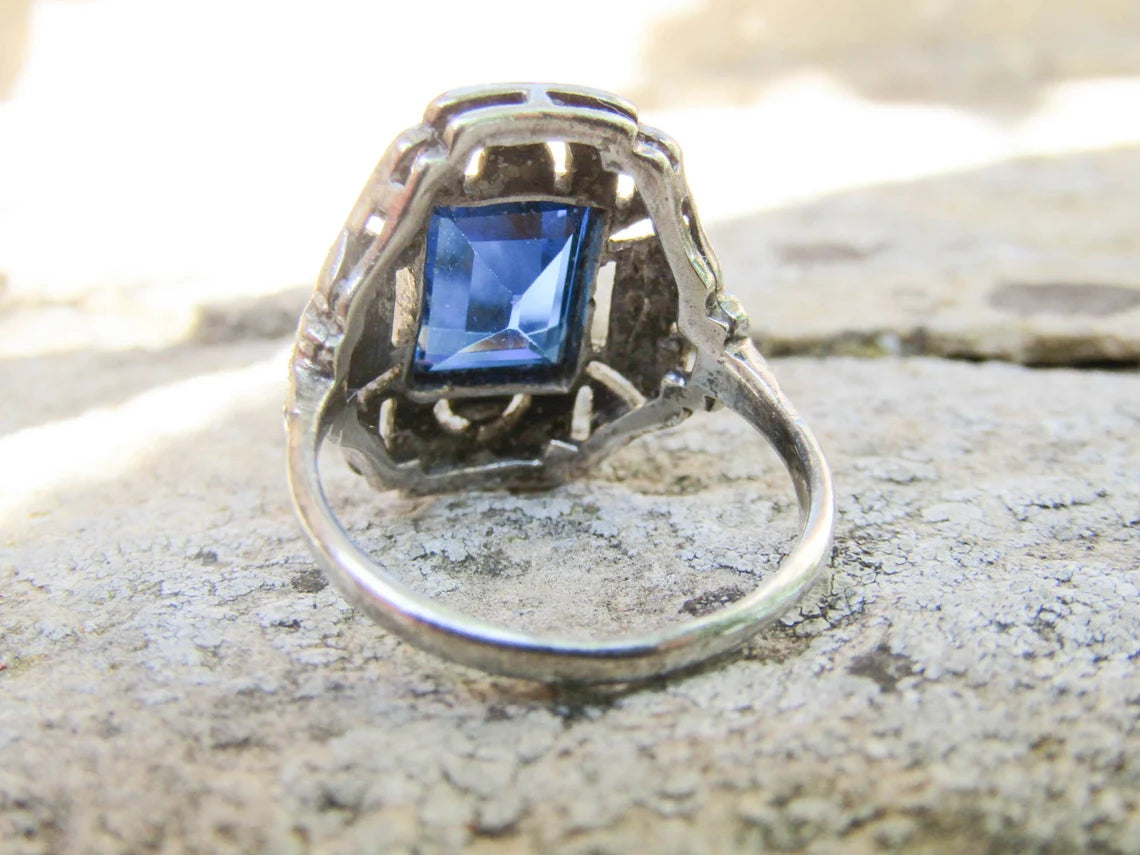 Art Deco Statement Silver Ring with Large Blue Stone and Marcasites, Antique French Cocktail Ring