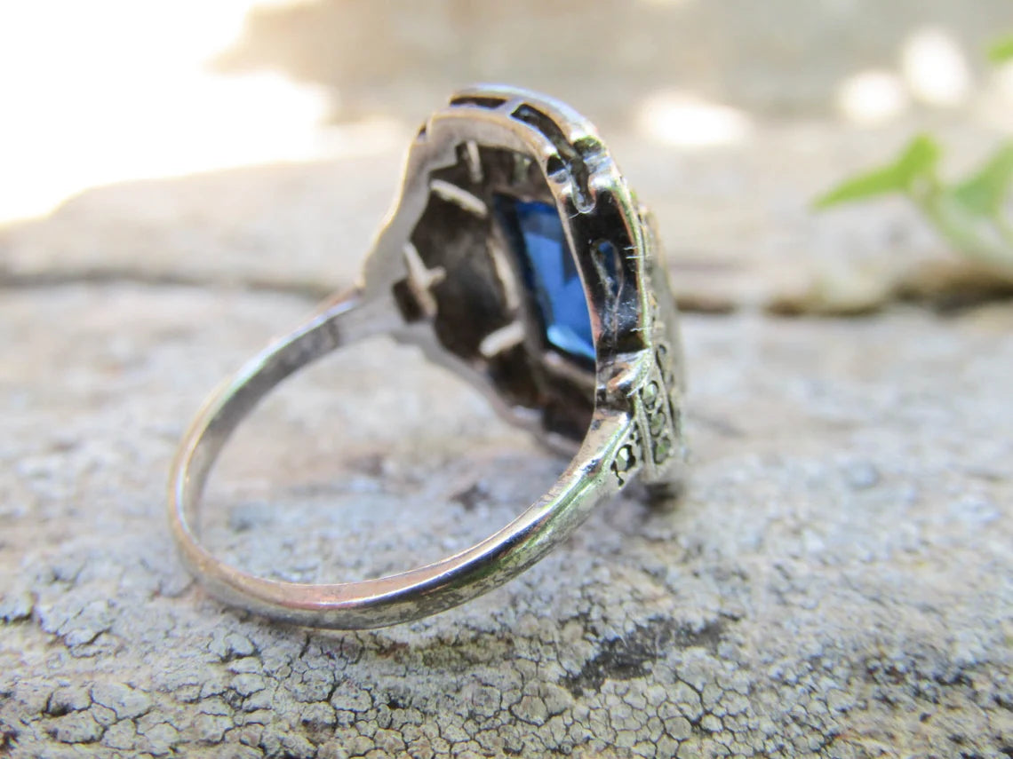 Art Deco Statement Silver Ring with Large Blue Stone and Marcasites, Antique French Cocktail Ring
