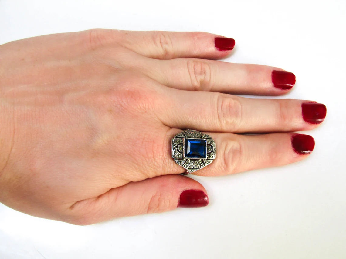 Art Deco Statement Silver Ring with Large Blue Stone and Marcasites, Antique French Cocktail Ring