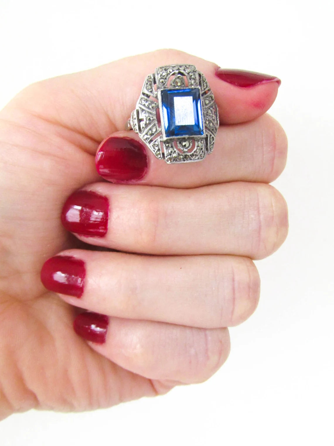 Art Deco Statement Silver Ring with Large Blue Stone and Marcasites, Antique French Cocktail Ring