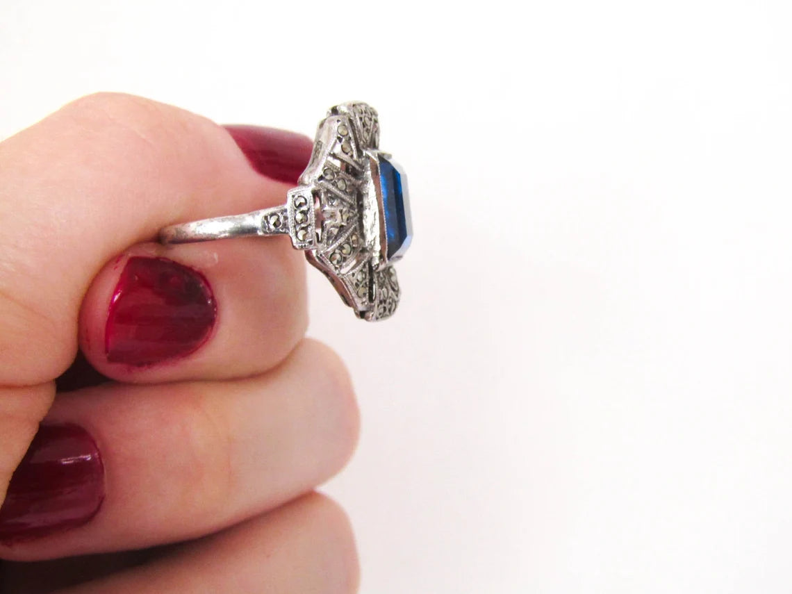 Art Deco Statement Silver Ring with Large Blue Stone and Marcasites, Antique French Cocktail Ring