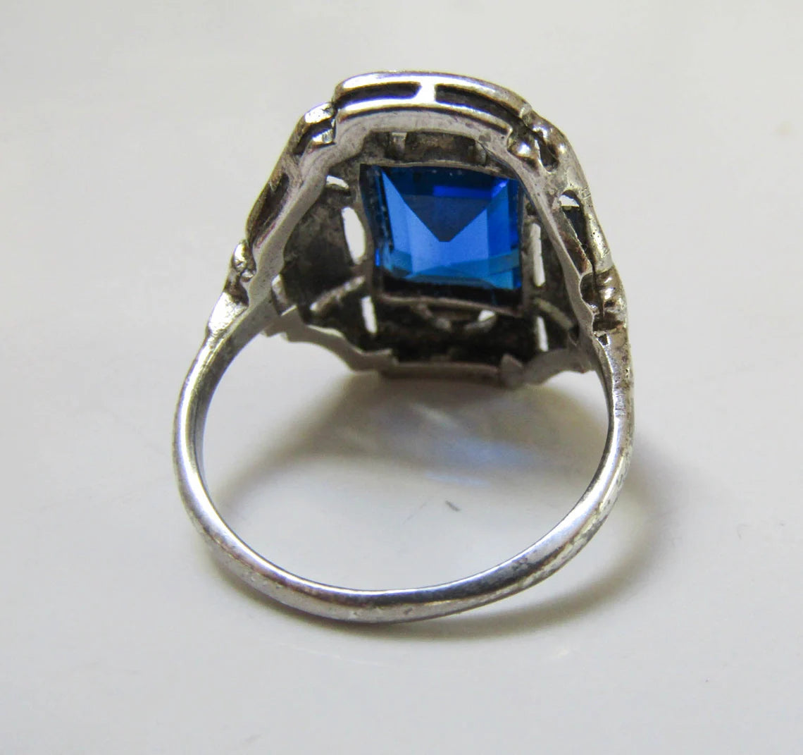 Art Deco Statement Silver Ring with Large Blue Stone and Marcasites, Antique French Cocktail Ring