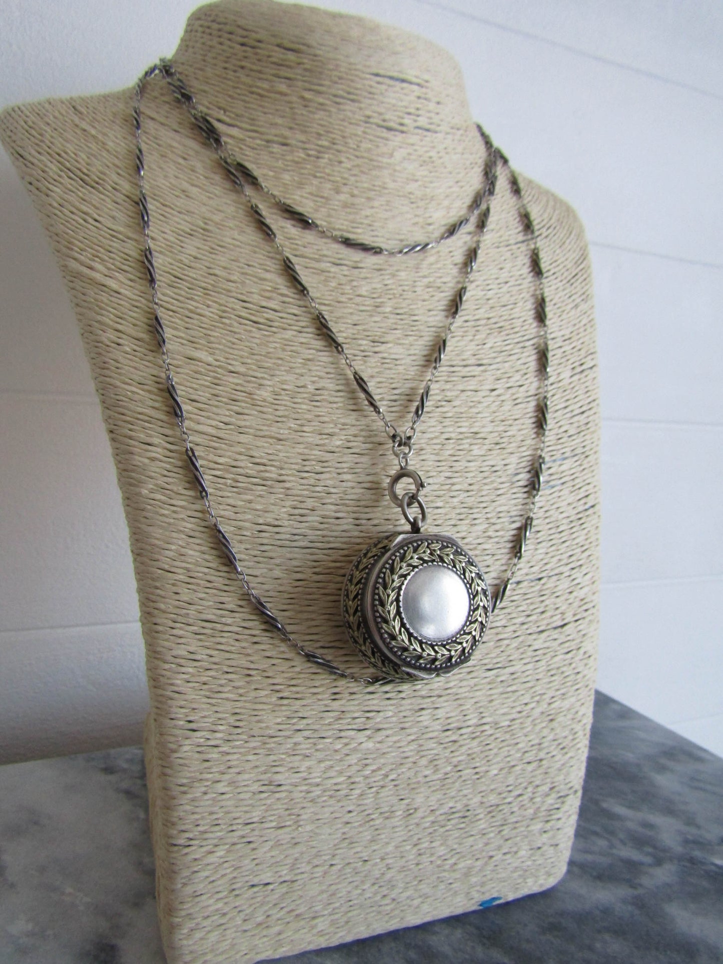 Antique Silver Pill Box Pendant with Vermeil Garland Wreath c. 1900