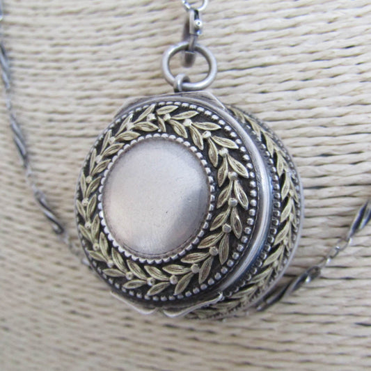 Antique Silver Pill Box Pendant with Vermeil Garland Wreath c. 1900