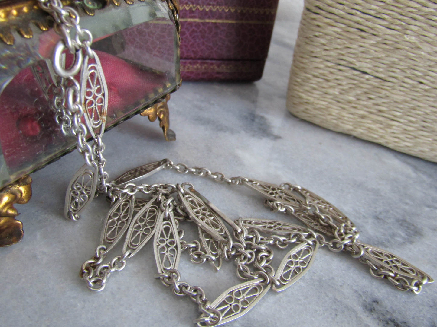 C. MURAT Antique Silver Filigree Half Guard Chain, French Fancy Chain c. 1900