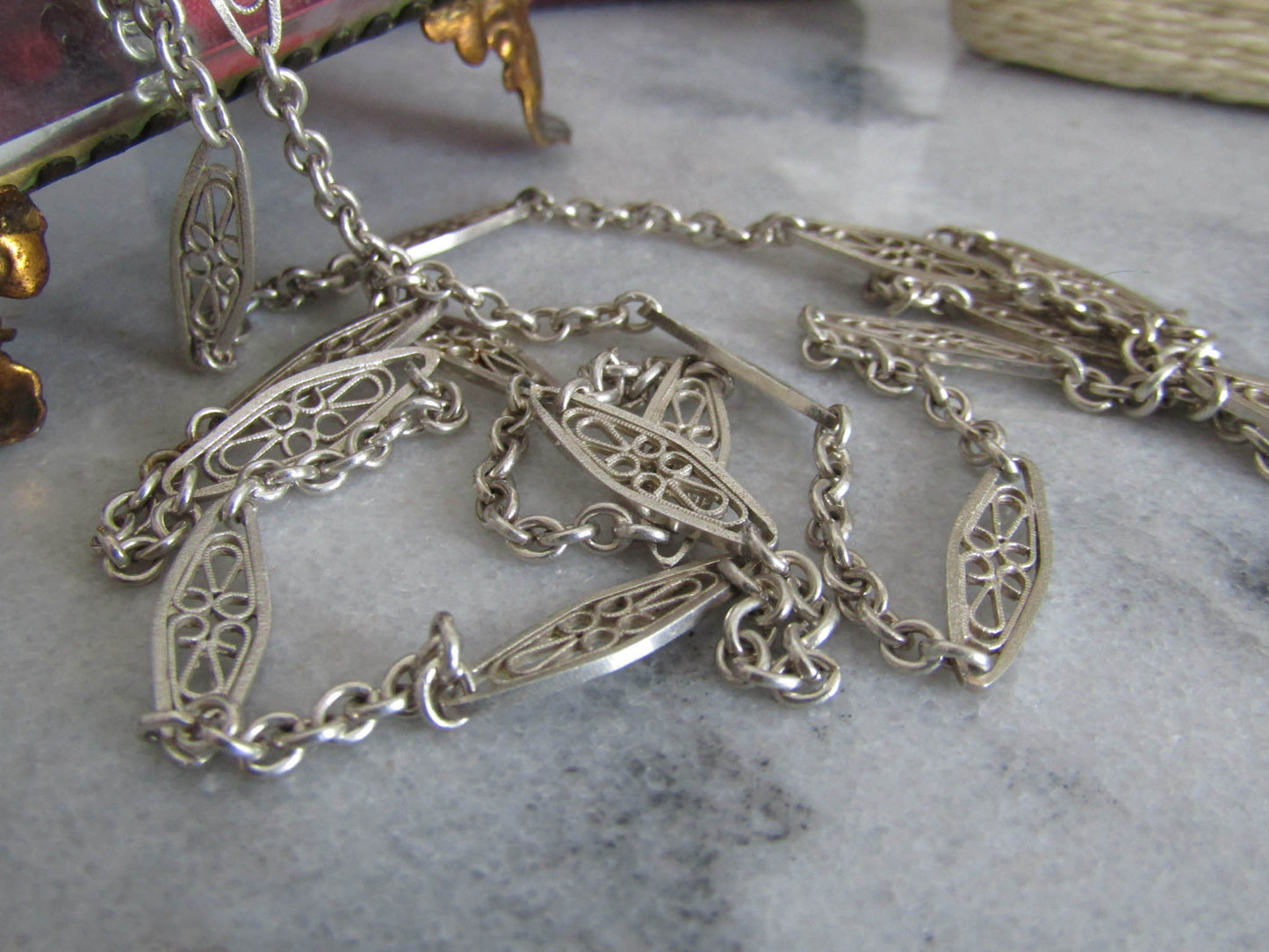 C. MURAT Antique Silver Filigree Half Guard Chain, French Fancy Chain c. 1900