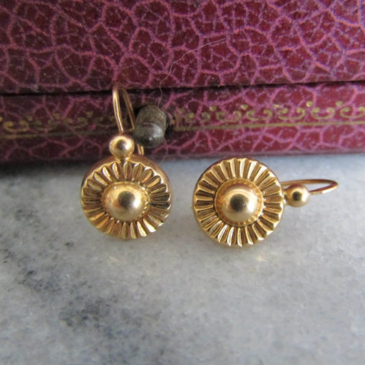 18K Gold French Vintage Mid-Century Sunburst Earrings, Vintage French Drop Earrings