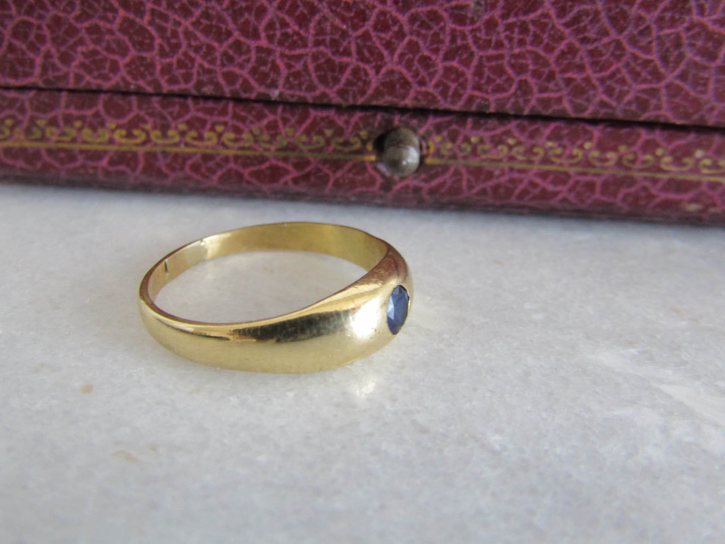 18K Solid Gold Sapphire Gypsy Ring, Vintage French Dome Jonc Ring