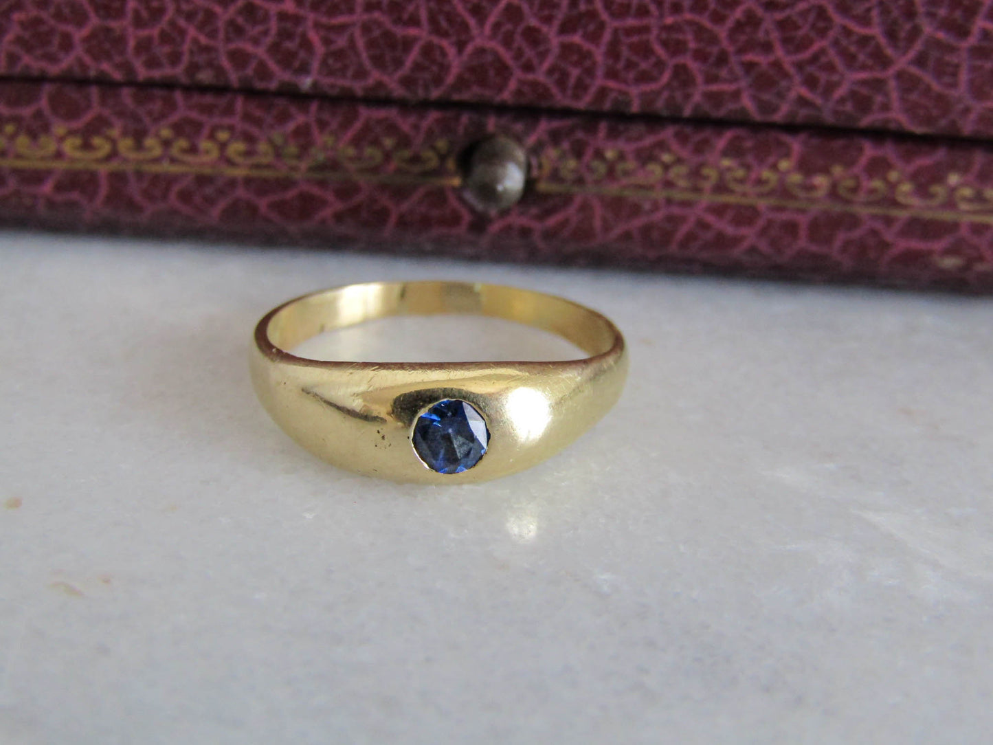 18K Solid Gold Sapphire Gypsy Ring, Vintage French Dome Jonc Ring