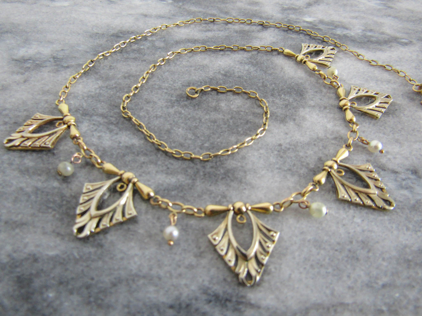 Art Deco Gold Filled Drapery Necklace, Antique French Bi-color drapery c. 1920