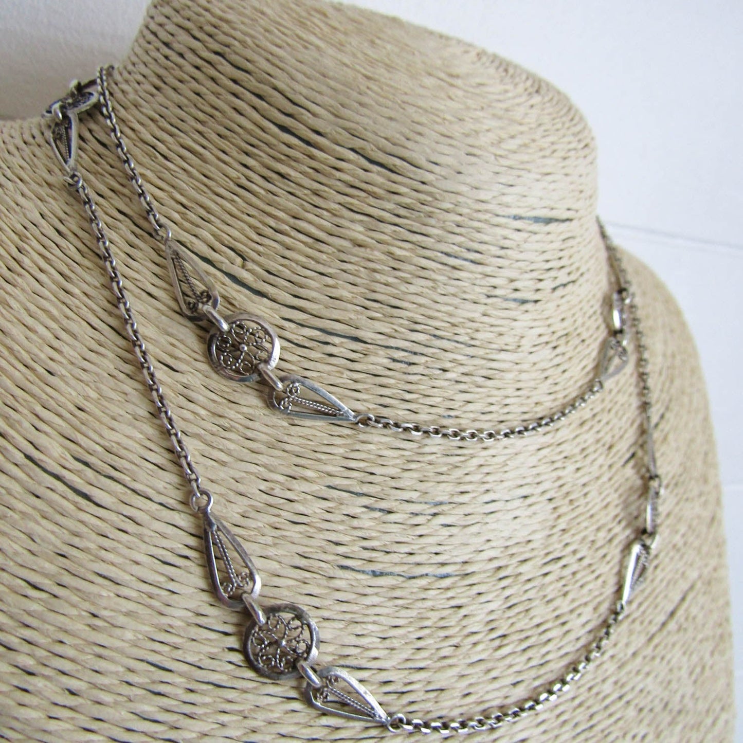 Antique French Silver Long Sautoir Necklace c. 1900