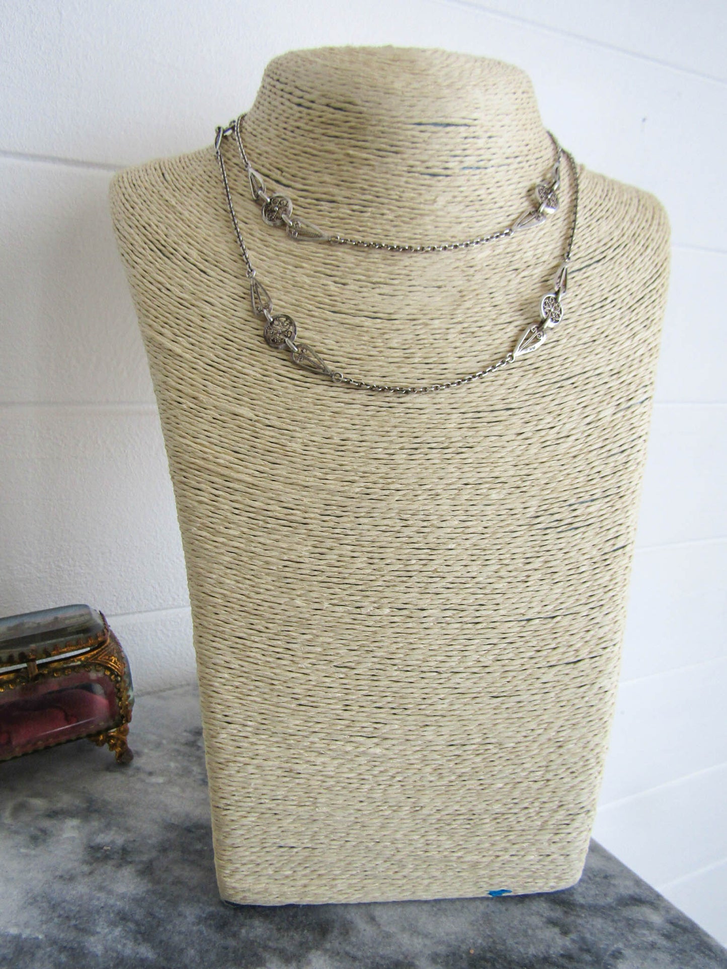 Antique French Silver Long Sautoir Necklace c. 1900