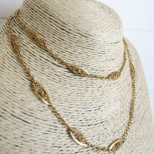 18K Solid Gold Victorian Filigree Chain, French Belle Epoque Sautoir Necklace, Solid Gold Half Guard Chain XIX Century