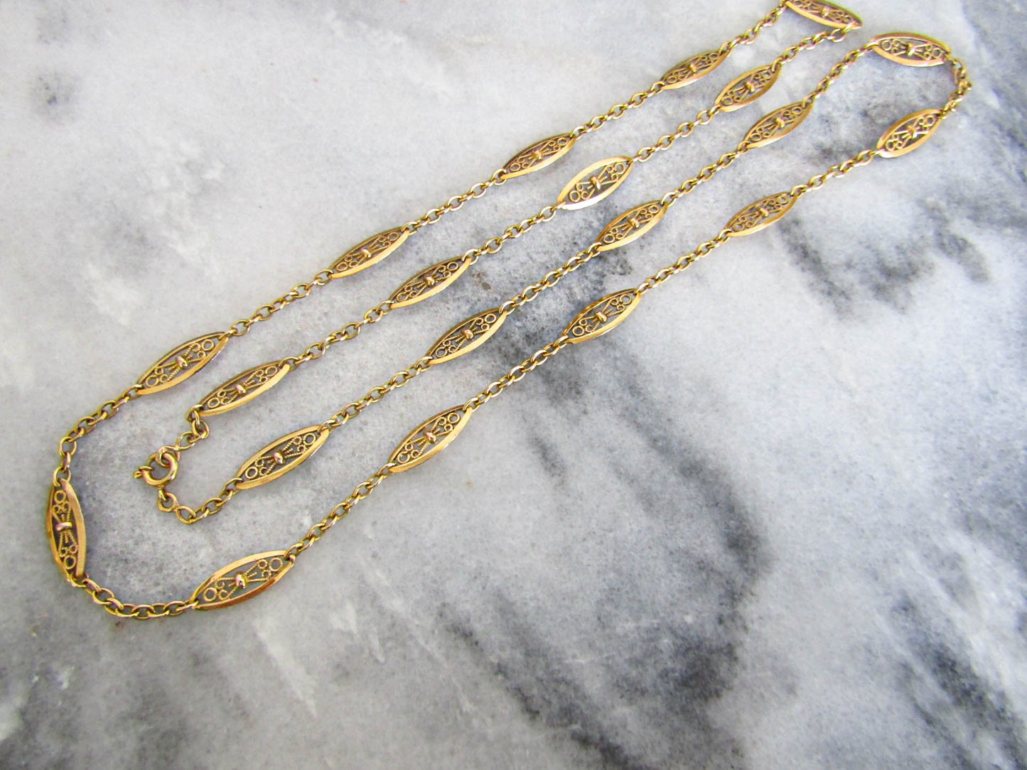 18K Solid Gold Victorian Filigree Chain, French Belle Epoque Sautoir Necklace, Solid Gold Half Guard Chain XIX Century