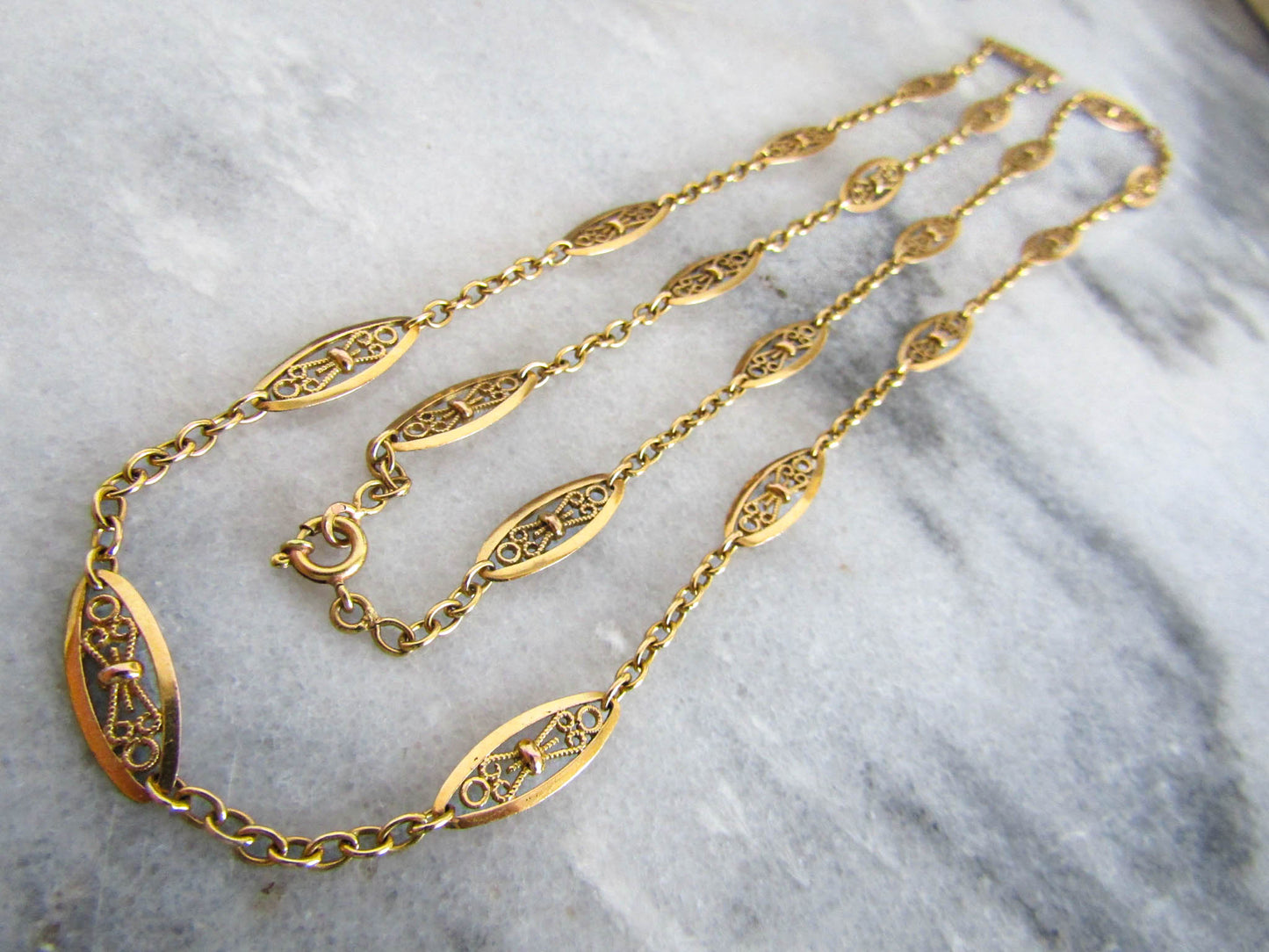 18K Solid Gold Victorian Filigree Chain, French Belle Epoque Sautoir Necklace, Solid Gold Half Guard Chain XIX Century