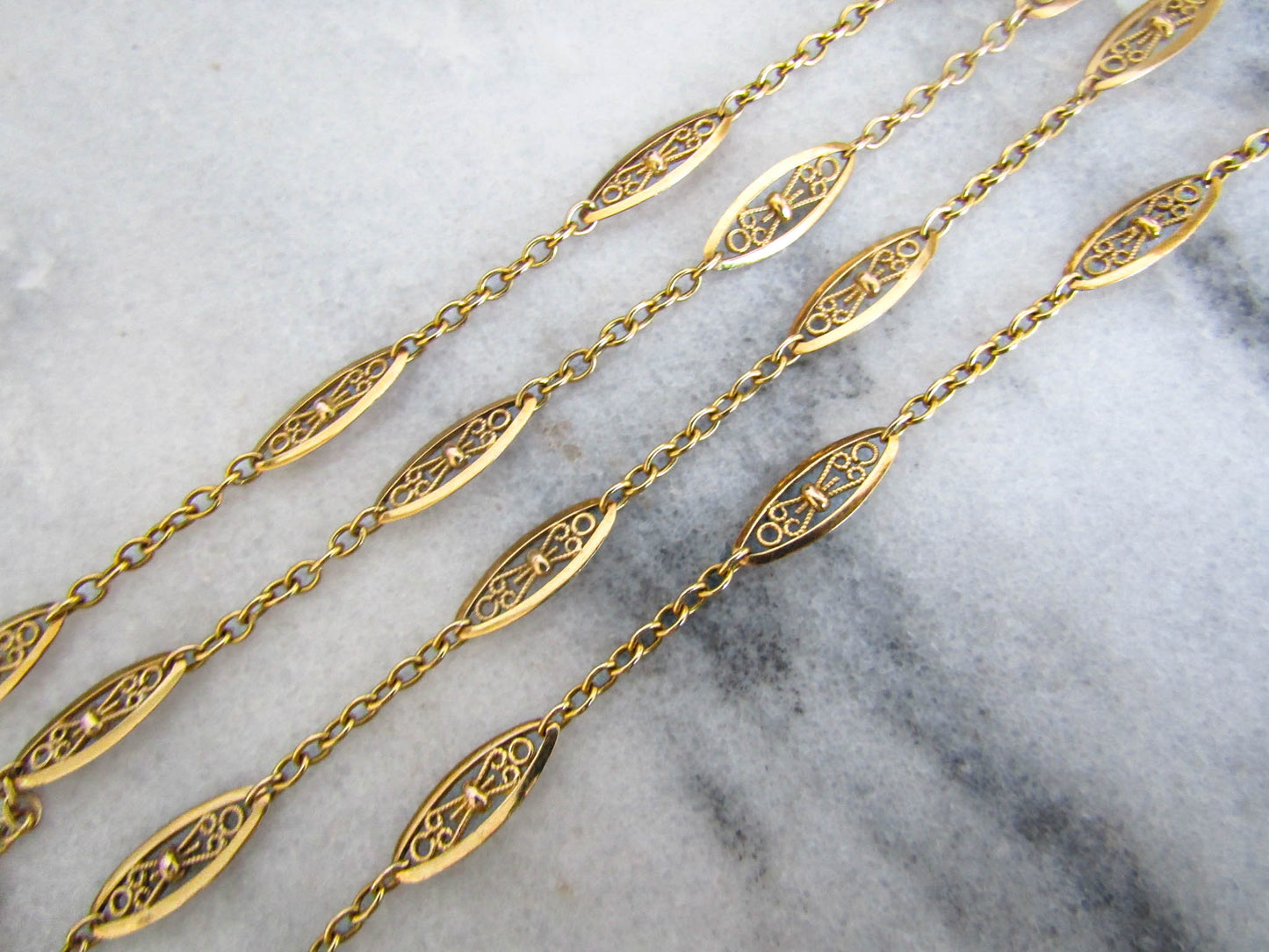 18K Solid Gold Victorian Filigree Chain, French Belle Epoque Sautoir Necklace, Solid Gold Half Guard Chain XIX Century